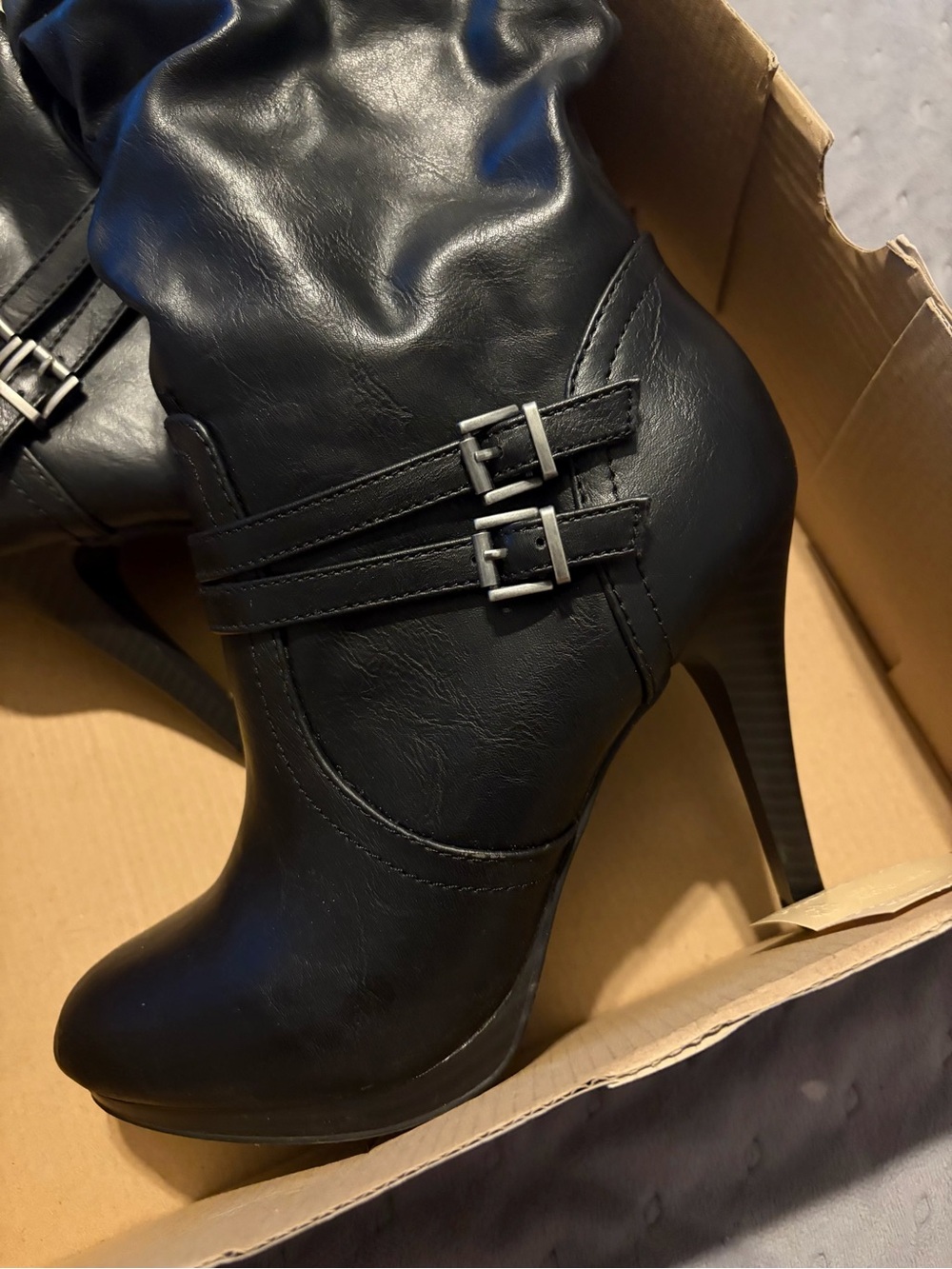 Worthington Black Faux-Leather High Heel Ankle Boot with Double Buckles